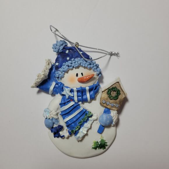 90s Blue Winter Snowman with Birdhouse Christmas Ornament - Picture 1 of 3